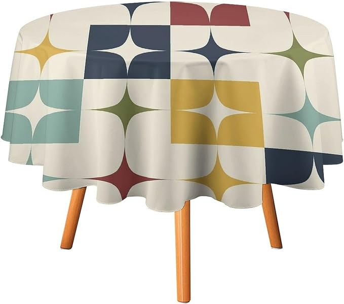 Middle Century Modern Round Tablecloth, Retro Mid Century Geometry Abstract Bohemia Tablecloth for Home Party Dining Room Kitchen Decor 60Inch(152cm)