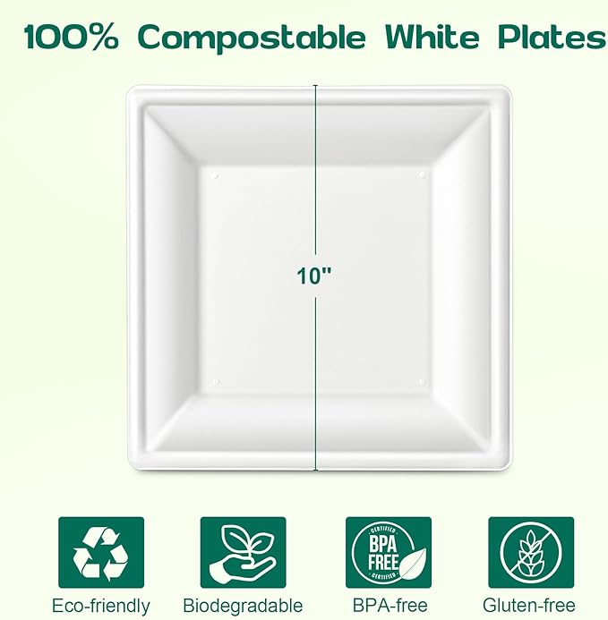 Square Paper Plates 10 Inch [50-Pack] Compostable Eco Friendly Disposable Plates Heavy Duty, Biodegradable Recycled Bagasse Plates, Large Paper Dinner Plates, Sturdy White 10" Plate