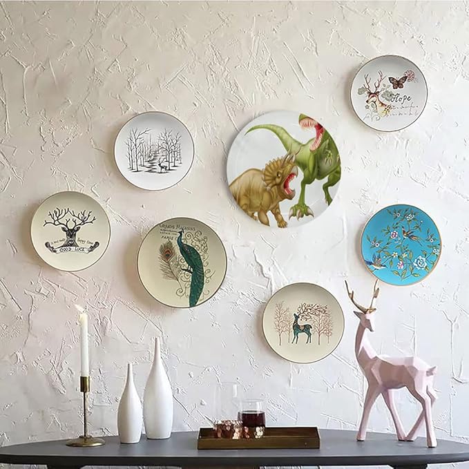 Ceramic Plates, Dinosaur Decorative Ceramic Plates, Rex Versus Triceratops Scaring Each Other, 8 Inch, for Dining, Parties, Wedding, Green Pink Pale Brown