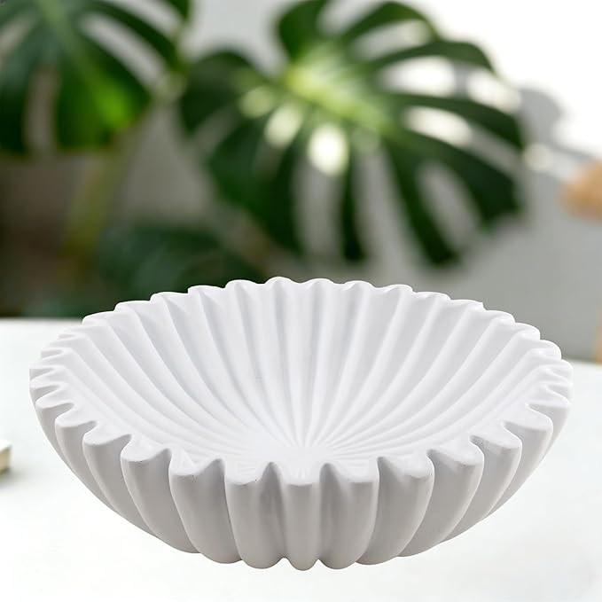 Large Modern Decorative Bowl, Fruit Bowl for counter, Modern Home Decor, Ruffle Bowl for Kitchen Counter Coffee Table, Key Bowl for Entryway Table, 10", White