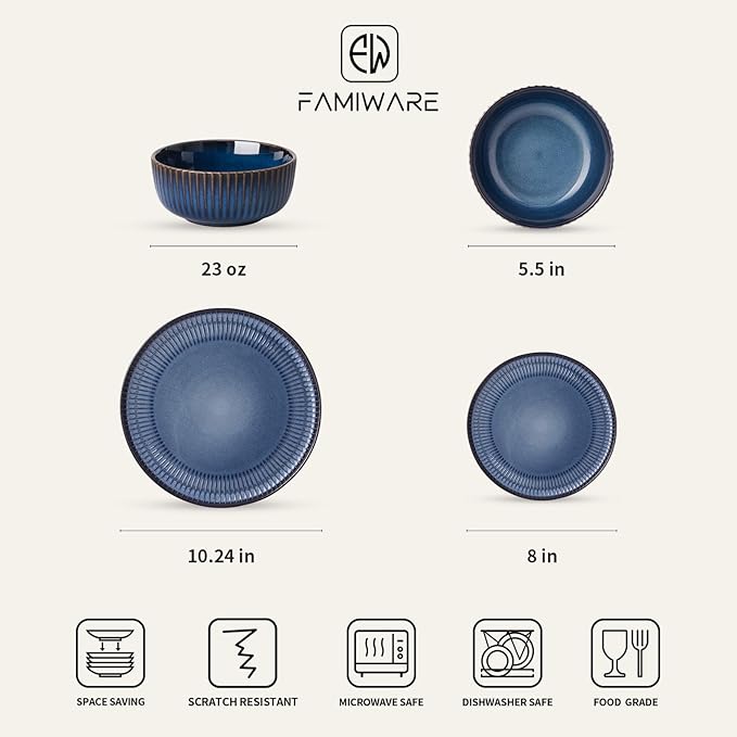 Famiware Starlight Plates and Bowls Dishes Set of 8 (24 Pieces), Ribbed Textured Stoneware Dinnerware Sets- Dishwasher & Microwave Safe, Chip & Scratch Resistant, Starry Blue