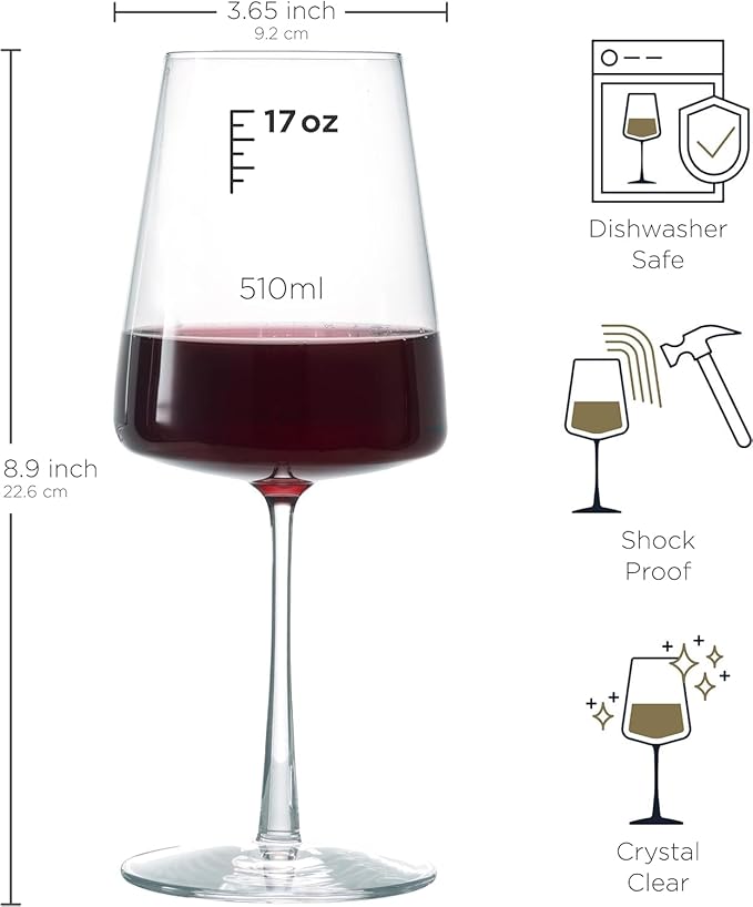 BENETI Wine Glasses Set of 4 | 17oz Handmade Luxury Crystal Red & White Long Stem Glass | Unique Modern Shape, Packaged In Beautiful Gift Box