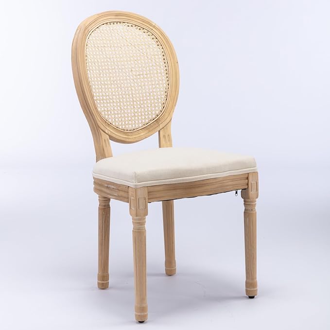 Ball & Cast French Vintage Upholstered Dining Chairs Set of 2, Antique Painting Wooden Kitchen Side-Chairs with Rattan Back & Carved Solid Wood Frame, 2-Piece Curved Backrest Louis Chair, Beige