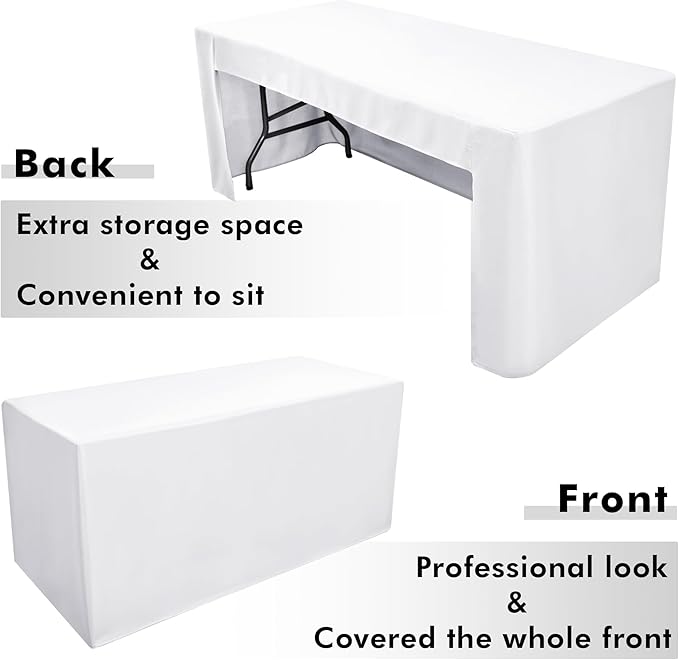 Nasitos 4 Pack White Fitted Table Covers for 8 Foot Tables-Open Back Tablecloth Washable Fabric Table Cloth for Parties, Wedding, Banquet, Jewelry Shows, Craft Fair, Trade Show