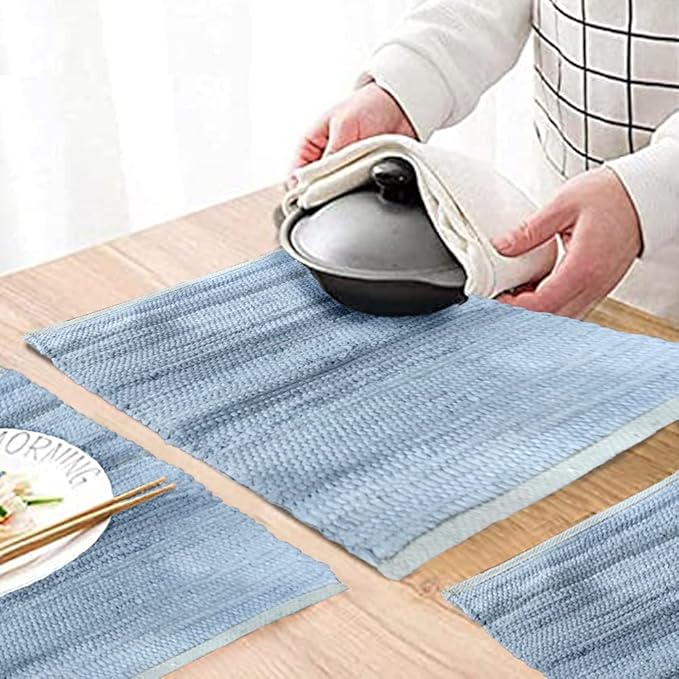 Perilla Home Natural Chindi Jute Placemats Set of 4 Vintage Boho 13x19 Inch Grey Rectangle Table Mats for Kitchen Dining Room Home Decor Banquets Family Gathering Rustic Cotton Stripe Washable Mat