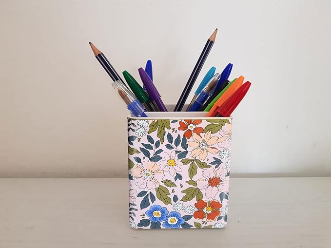 Pen Pencil Holder, Makeup Brush Holder,Ceramic Remote Control Holders Organizer with 2 Compartment Floral Multi-functional Office Organizers Storage Caddy Desk Tv Remote Holders Pink Flowers