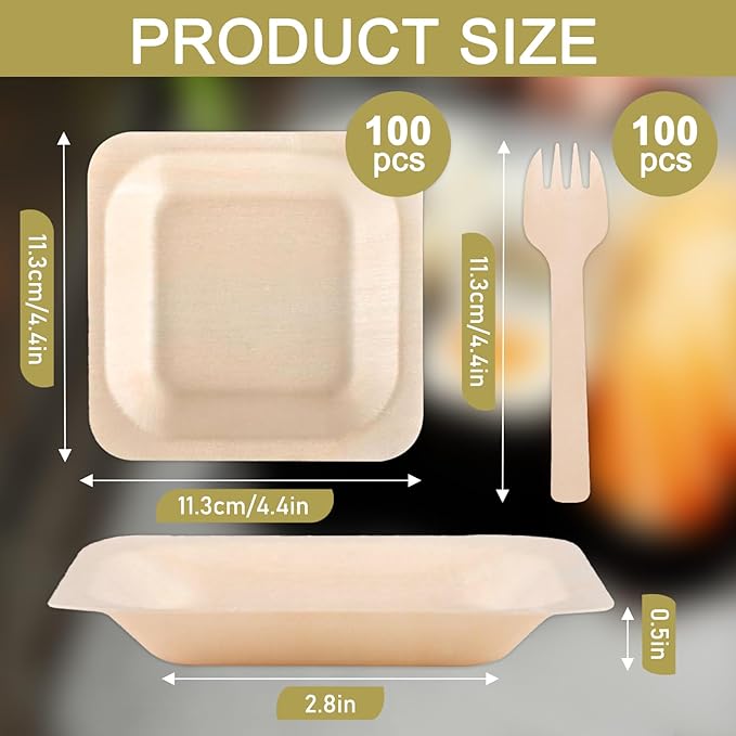 100 Pcs Disposable Palm Leaf Bowls, Square Bamboo Appetizer Plates, Compostable Wood Plates with Bamboo Forks for Birthday Wedding Party, Dessert, Catering and Home Use (4.4 x 4.4x0.5 Inch)