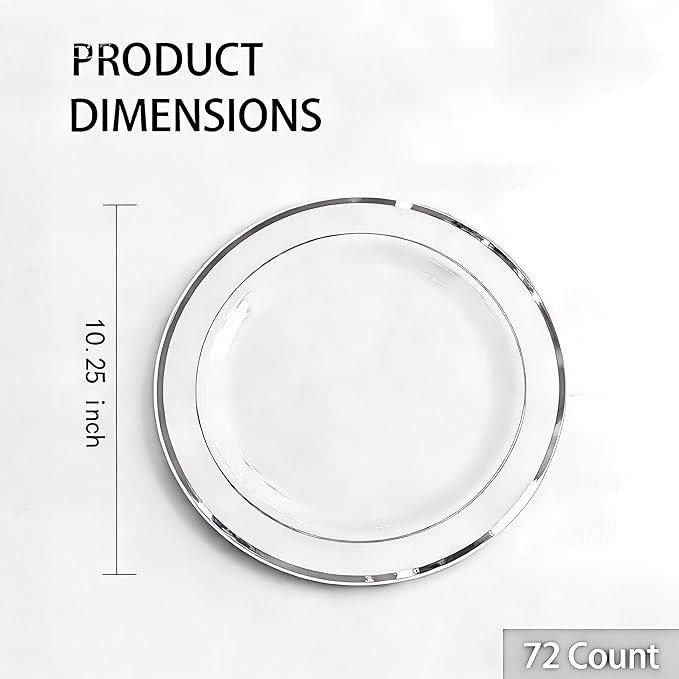 WELLIFE Silver Plastic Dinner Plates 72 Pieces, 10.25" Silver Disposable Plates, Premium Hard Plastic Lunch Plates, Ideal for Wedding and Party