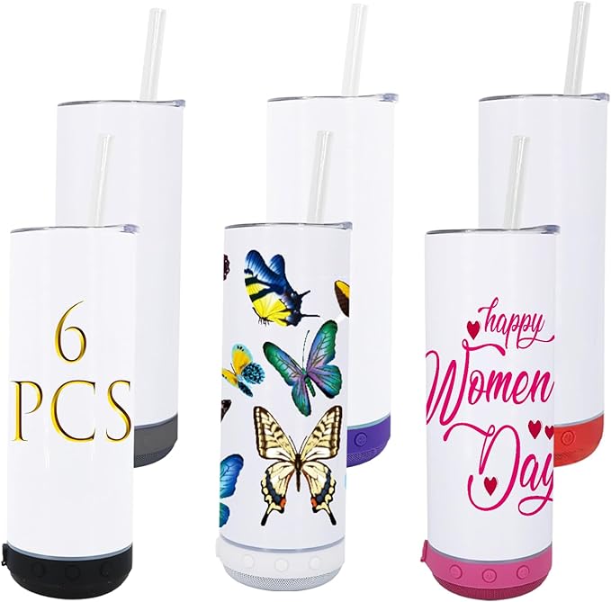6pack 20oz cups Bluetooth Tumbler with Straw and Lid, Double-Wall Stainless Steel Vacuum Insulation Sublimation Tumbler Blank, RemovableRechargeable Bluetooth Wireless Speaker miexd
