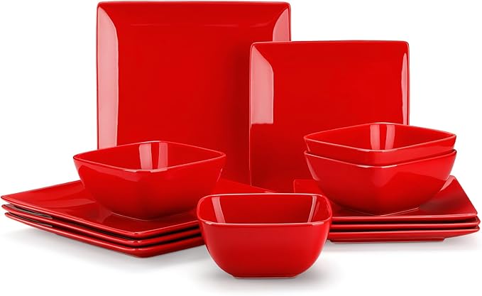 vancasso Soho Dinnerware Sets 12 Pieces, Red Stoneware Square Place Setting, Dinner Plate, Plates and Bowls Sets, Dishes Service for 4