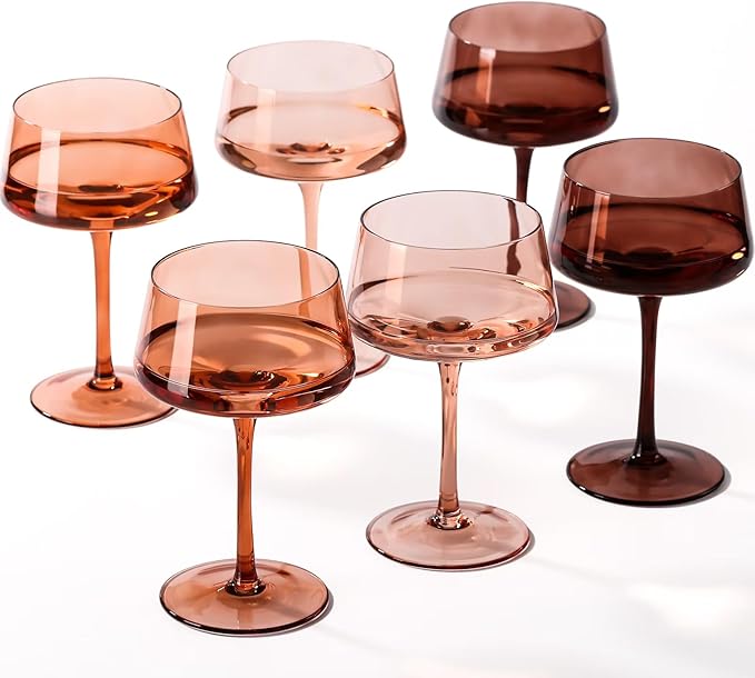 Brown Coupe glasses Set of 6-13 oz Large Capacity Martini Glassware - Amber Colored Cocktail Glasses- 【Hand-Blown】 Colored Champagne Glass-Valentine's Day,Wedding Gifts
