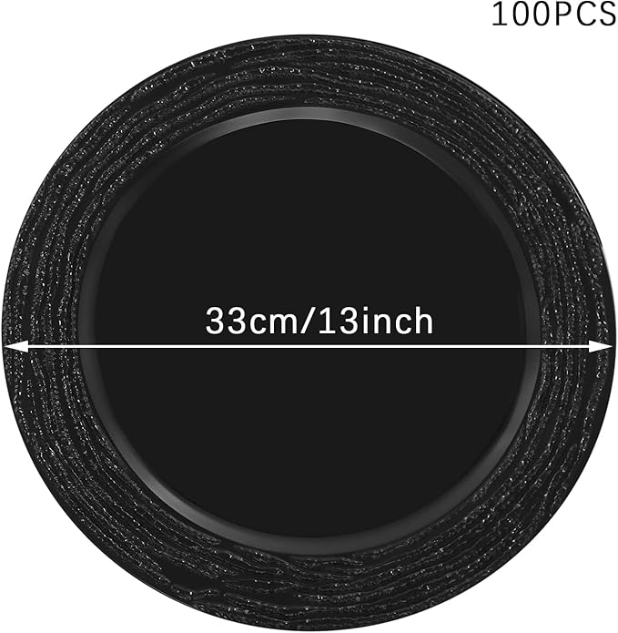 100 PCS Antique Charger Plates Bulk, 13 Inch Round Textured Edge Plastic Dinner Chargers, Bulk Plastic Charger Plates Set for Wedding, Party, Table Decor (Black)