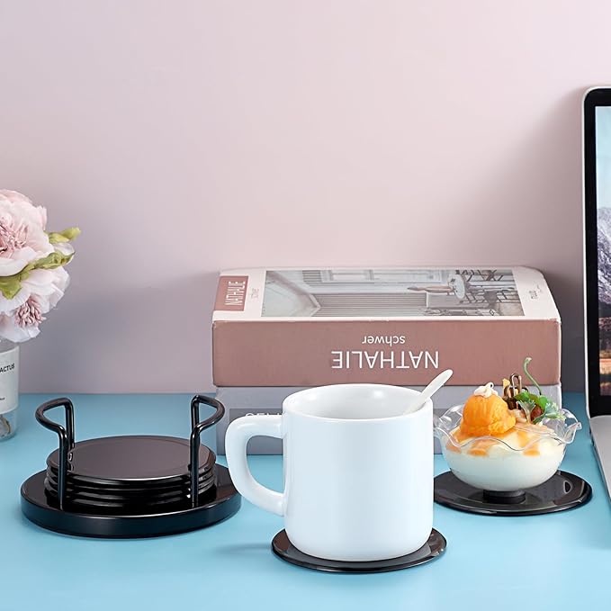 JUXYES Set of 6 Stainless Steel Round Coasters with Holder & Sponge Bottom, Black Metal Cup Coasters Set Stunning Cool Coaster Cups Mats Decor for Restaurant Kitchen bar Dining Table