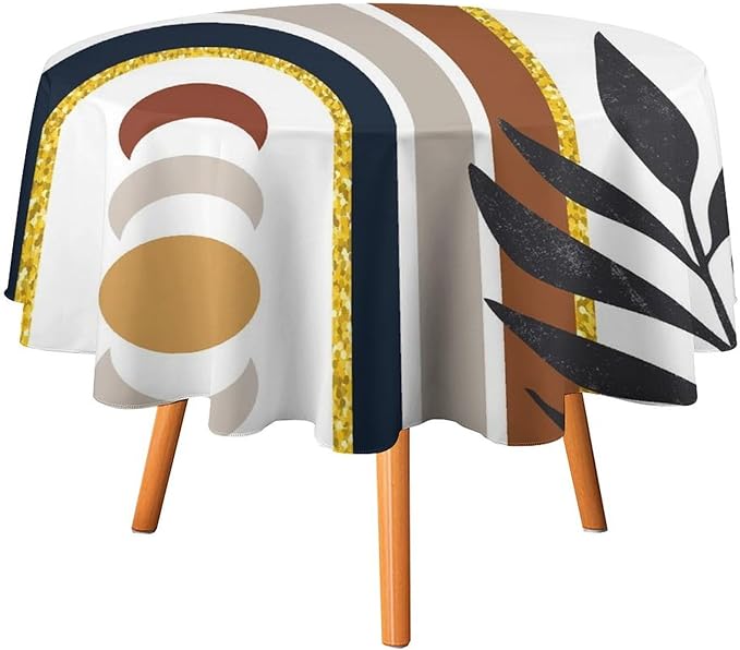 Mid Century Boho Round Tablecloth, Modern Abstract Sun Moon Bohemian Leaves Tablecloth for Home Party Dining Room Kitchen Decor 70Inch(178cm)
