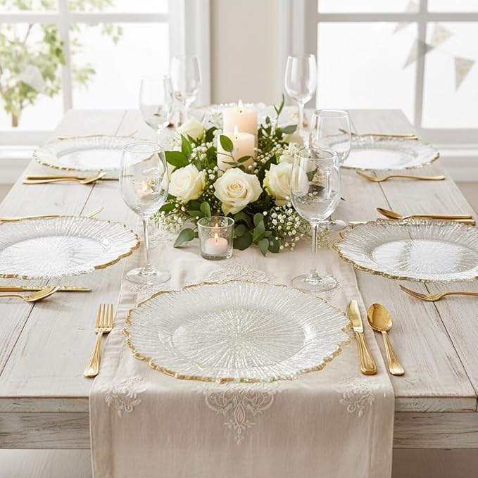 LOYALHEARTDY 25 Pack 13 Inch Charger Plates, Clear Plastic Reef Rim Charger Plates with Gold Rim, Round Decorative Underplates for Wedding, Party, Dinner Table