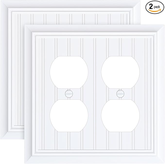 2-Pack Classic Beadboard Double Duplex Outlet Cover, Pure White Decorative Switch Plates and Outlet Covers for Electrical Outlets, Durable Natural Bamboo Fiber Wall Plates, 2 Gang Receptacle Cover