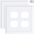 2-Pack Classic Beadboard Double Duplex Outlet Cover, Pure White Decorative Switch Plates and Outlet Covers for Electrical Outlets, Durable Natural Bamboo Fiber Wall Plates, 2 Gang Receptacle Cover