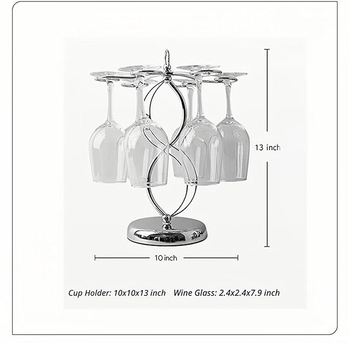 Wine Glass Holder Stand-Elegant Countertop Stemware Rack for 6 Glasses - Freestanding Stainless Steel Drying Organizer for Home Bar, Kitchen & Dining Table Decor