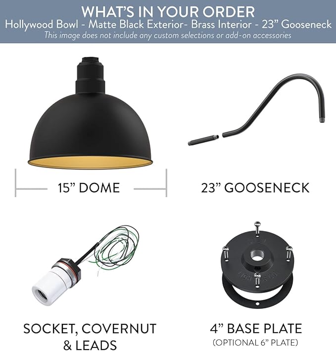 Steel Lighting Co. Hollywood Bowl Light | Outdoor Wall Mounted | 15 inch Bowl Dome | 23 inch Gooseneck | Barn Light Made in America | Matte Black Exterior/Brass Interior