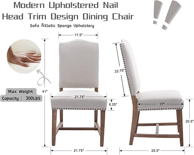 CIMOTA Mid Century Modern Dining Chairs Set of 2, Farmhouse Upholstered Dining Room Chairs Comfortable Kitchen Side Chairs with High Back/Natural Solid Wood Frame, Linen Beige