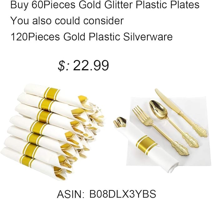 Liacere 60Pieces Gold Glitter Plastic Plates - Premium Square Disposable - Include 30PCS 9.5inch Gold Dinner - 30PCS 7inch Gold Dessert/Salad Plates for Party&Wedding&Christmas