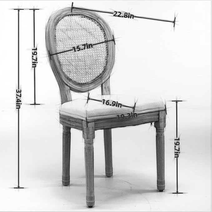 Ball & Cast French Vintage Upholstered Dining Chairs Set of 2, Antique Painting Wooden Kitchen Side-Chairs with Rattan Back & Carved Solid Wood Frame, 2-Piece Curved Backrest Louis Chair, Gray