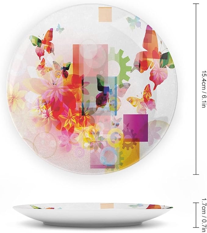 Decorative Plates, Abstract Print Ornament, Natural Design Flowers Leaves Squares Rounds, 6 Inch, Kitchen Wall Decor, Multicolor