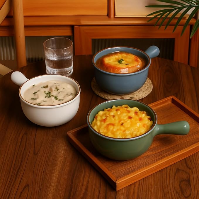 MONITO 16 Oz French Onion Soup Bowls, Ceramic Soup Bowls with Handles, Stackable Soup Crocks Oven Safe for Chili, Beef Stew, Cereal,Casseroles Microwave & Dishwasher Safe, Set of 4