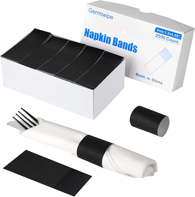 Germiwipe 2500 Pcs Black Napkin Bands,Paper Napkin Rings Self-Adhesive,Silverware Wraps Bands, Perfect for Birthday Parties, Weddings, Family Reunion & Events