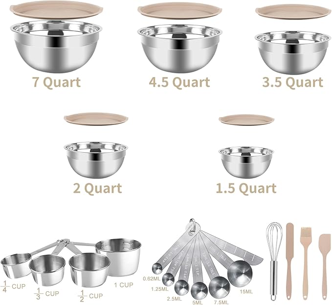 Mixing Bowls Set, 25PCS Khaki Mixing Bowls With Lids Set Stainless Steel Kitchen Large Nesting Metal Bowl 7QT to 1.5QT, Measuring Cups and Spoons for Prepping Cooking Serving