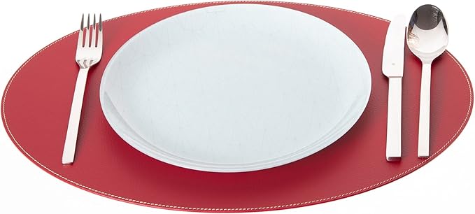 Nikalaz Oval Placemats Set (Pack of 4) Recycled Leather Table Mats 18 x 13 inches (45.7 x 33 centimetres), Kitchen Dining Table Decor by Nikalaz (Red)