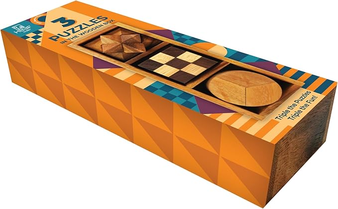 BSIRI 3 Puzzles in a Box - Wooden Brain Teaser Puzzle, 3D Mind Puzzle for Adults, Educational Kids Games, and Brain Games for Kids, Ideal for Birthday Gifts and Patio Decor