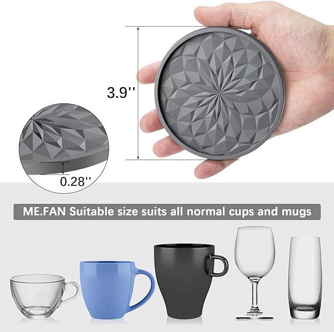 ME.FAN Silicone Coasters with Holder,[6 Pack] Drinking Coasters - Cup Mat for Hot or Cold Drinks, Thickened, Non-Slip, Non-Stick,Deep Tray Black