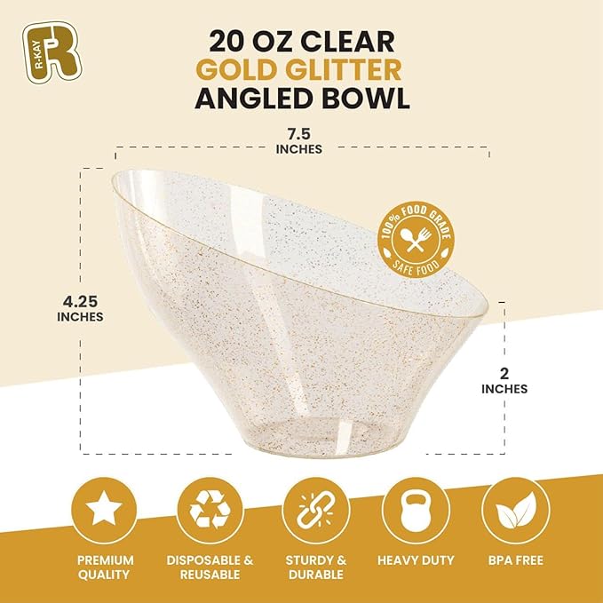 R-kay 6 Pack Glitter Angled Candy Bowls - Gold Plastic bowls 20 Oz - Premium Gold Plastic Serving Bowls Disposable Heavy Duty For Weddings Catering, parties, And All Occasions