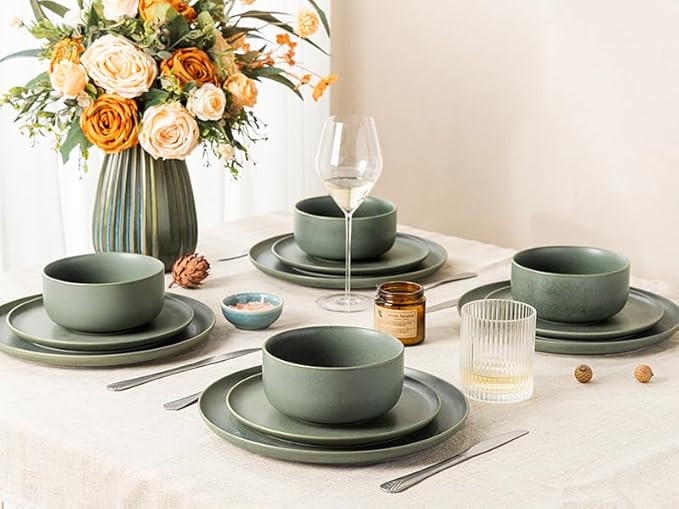 LERATIO Stoneware Dinnerware Sets for 4,Handcarft Ceramic Plates and Bowls Sets,Chip and Scratch Resistant Dishes, Dishwasher & Microwave Safe, Oven safe,Reactive Glaze-Green