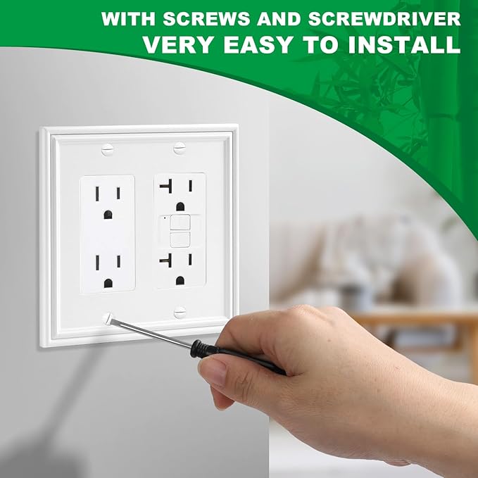 White Decorative Double Decorator Switch Covers Wall Plate, Natural Material Rocker Switch Plates for Receptacle, GFCI Outlet, Dimmer Switch - Modern Style (2 Gang Decorator 2 Pack)