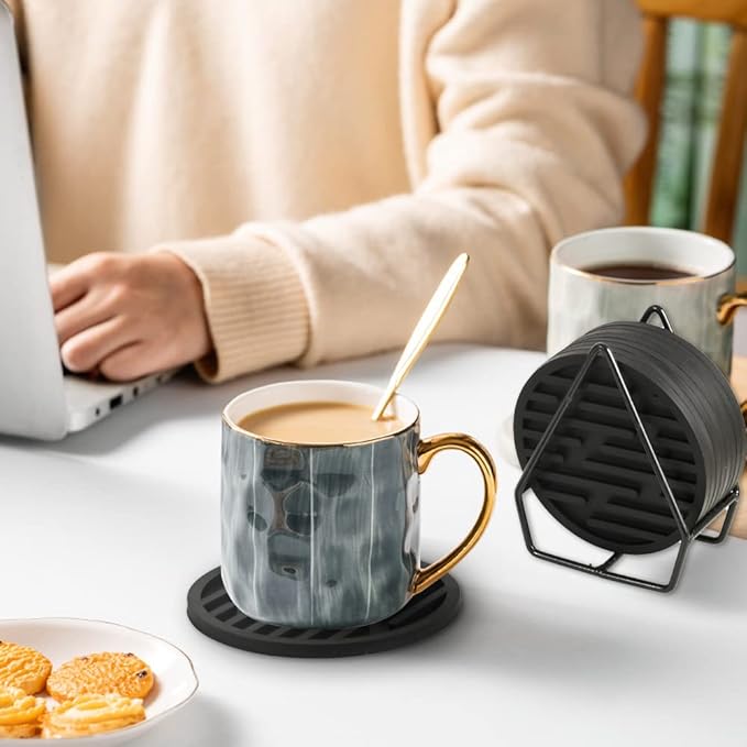 Silicone Coasters for Drinks, Coasters with Grooved Design, Durable Coasters for Table Top Protection, Anti Slip, Non- Stick, Pack of 9 with Metal Holder