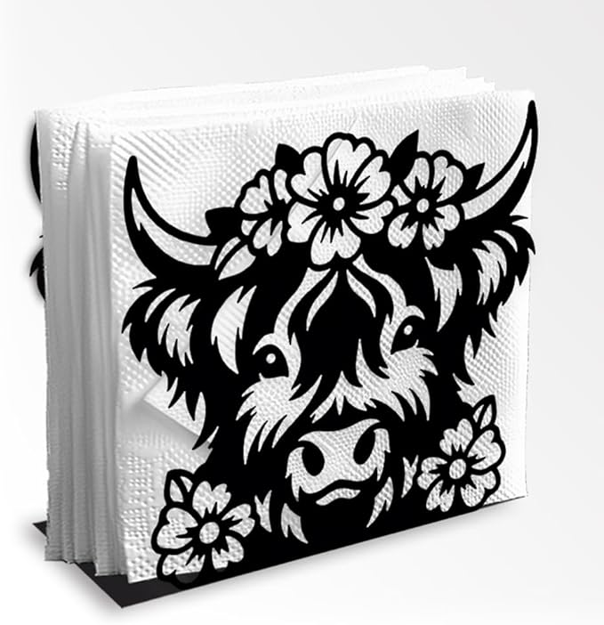 Highland Cow Decorative Black Metal Napkin Holder for Table, 5.3" x 4.8" x 2" Animal Flower Standing Napkin Holder for Home Kitchen Restaurant Picnic Party Coffee Bar Dining Room