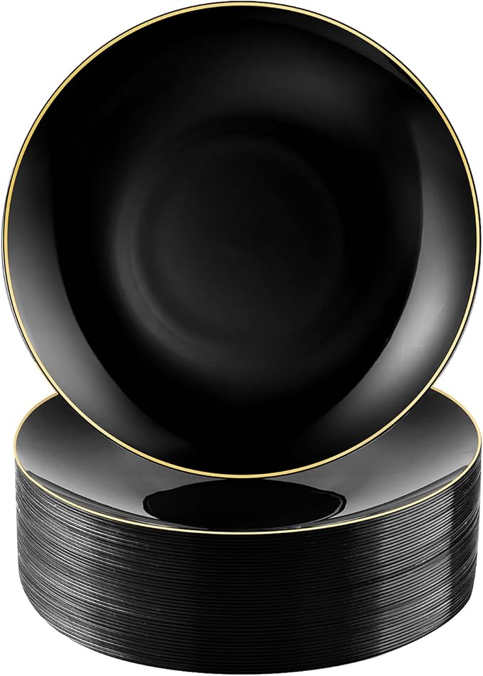 100 PCS Black Gold Plastic Plates, 7 inch Black Disposable Plates for Party, Disposable Dessert Plates for Party, Graduation, Birthday, Wedding
