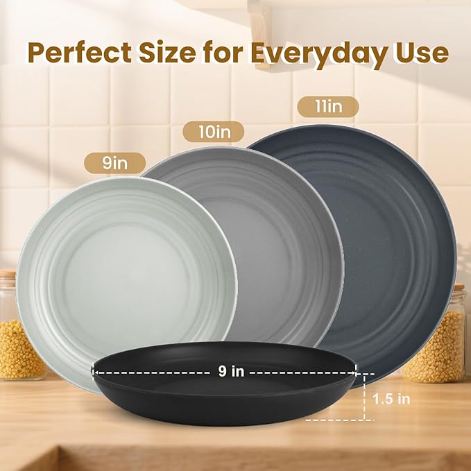 Wheat Straw Plates 9 Inch, Unbreakable Plastic Plates Reusable, Dinner Plates Set of 8, Lightweight Kitchen Plate, Dishwasher & Microwave Safe Plate for Outdoor, Camping, Picnic(Black, Grey)