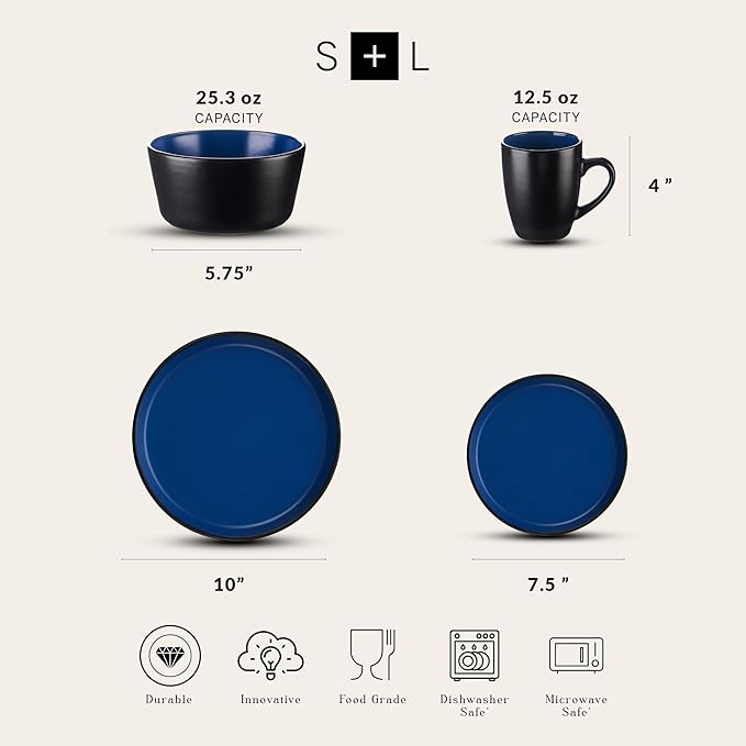 SERVICE FOR 8 - Total of 32 pieces including 8 dinner plates (10”), 8 salad plates (7.5”), 8 bowls (5.75”), and 8 mugs (12 oz), making it the perfect set to service 8 people