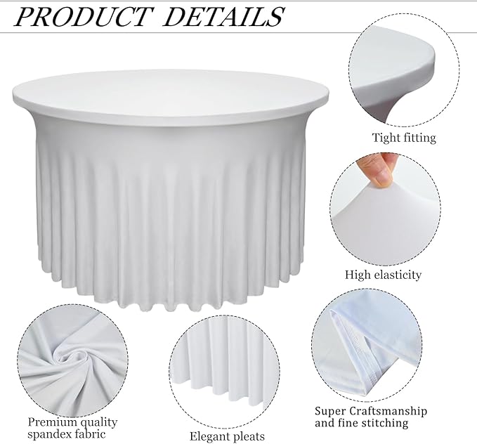 2 Pack 48" Diameter x 30" Height White Table Skirt | Fits 4FT Round Tables |Polyester Spandex Round Table Cloths with Skirt|Stain 、Wrinkle Resistant、 for Wedding,Party,Dining,Banquet