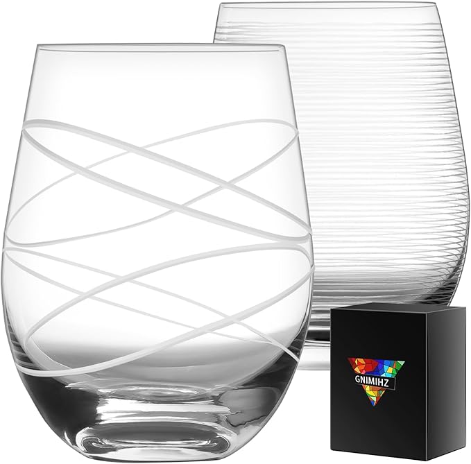 Etched Stemless Wine Glasses for Red or White Wine (Set of 2), 18-Ounces, Large Wine Glasses for Cabernet, Pinot Noir, Burgundy, Bordeaux, Clear, Etched-1