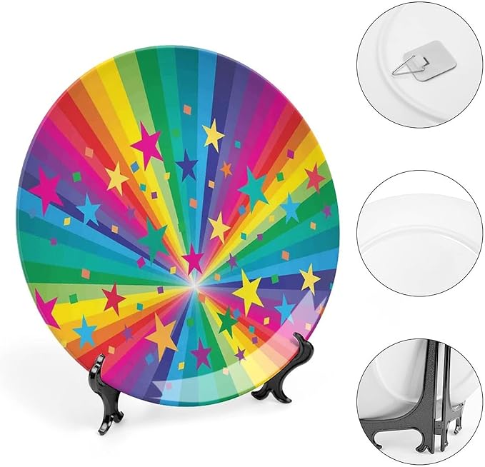 Ceramic Display Plate, Abstract Decor Ceramic Hanging Decorative Plate, Abstract Rainbow and Stars Confetti Rays Striped, 7 Inch, Living Room Kitchen Decoration Household, Multy