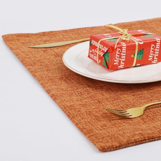 Cloth Placemats Set of 8, Linen Type Fabric Fall Placemats Table Mat, Machine Washable Rustic Place Mats Heat Resistant Placemats Wrinkle Free Thick Kitchen Place Mats for Dining Table, Orange 12"x18"