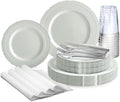 " OCCASIONS " 320pcs set (40 Guests) Extra Heavyweight Vintage Wedding Disposable/Reusable Plastic Plates -40x11'' + 40x8.25''+Silverware+Cups+Napkins (Chateau Collection Light Gray)