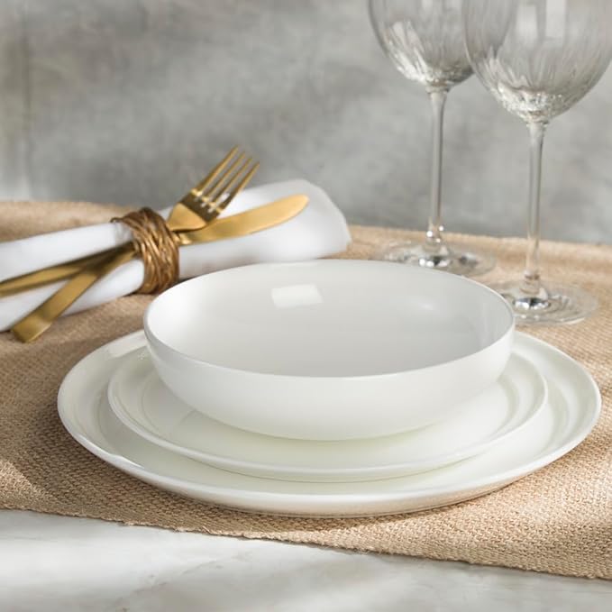 Lafayette St. Fine Bone China 12 Piece Dinnerware Set, Service For 4; Elegant Lightweight Ivory White Plates & Bowls with a Gloss Finish; Microwave & Dishwasher Safe