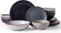 Famiware Venus Speckled Dinnerware Set with Pasta Bowls, Service for 4 (16 Pieces), Stoneware Plates and Double Bowls Sets, Microwave & Dishwasher-Safe Dishes with Trim, Matte Multi-color