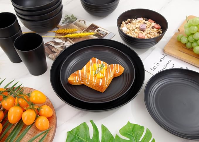 Supernal 32pcs Black Wheat Straw Dinnerware Sets with 25pcs Linen Napkins,Plates and Bowls Sets for 8,Black Plastic Dinnerware Sets, Microwave Dishwasher Safe Plates, Dishes Set for 8