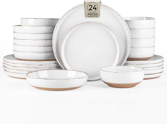AmorArc 24 Pieces Ceramic Dinnerware Sets for 6, Handpainted Plates and Bowls Set with Rustic Terracotta Underside, Scratch Resistant Stoneware Dishes Set, Dishwasher & Microwave Safe, White